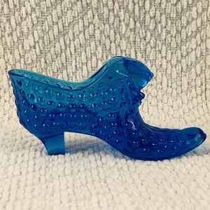 Vintage FENTON Cobalt BLUE ART GLASS SHOE Cat Head Hobnail MCM Cottagecore Boot